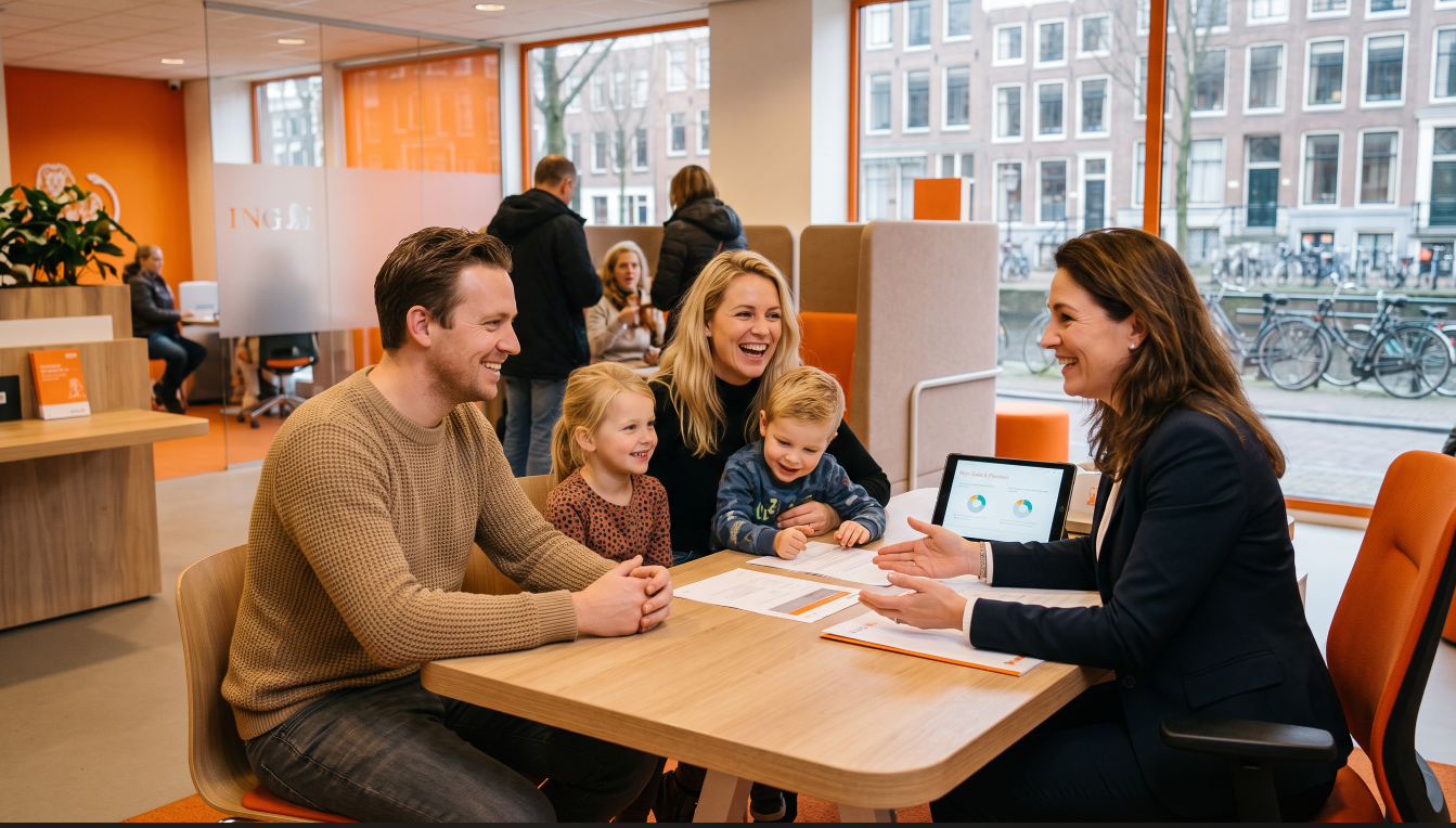 Gezin in gesprek tijdens een financieel overzichtsgesprek